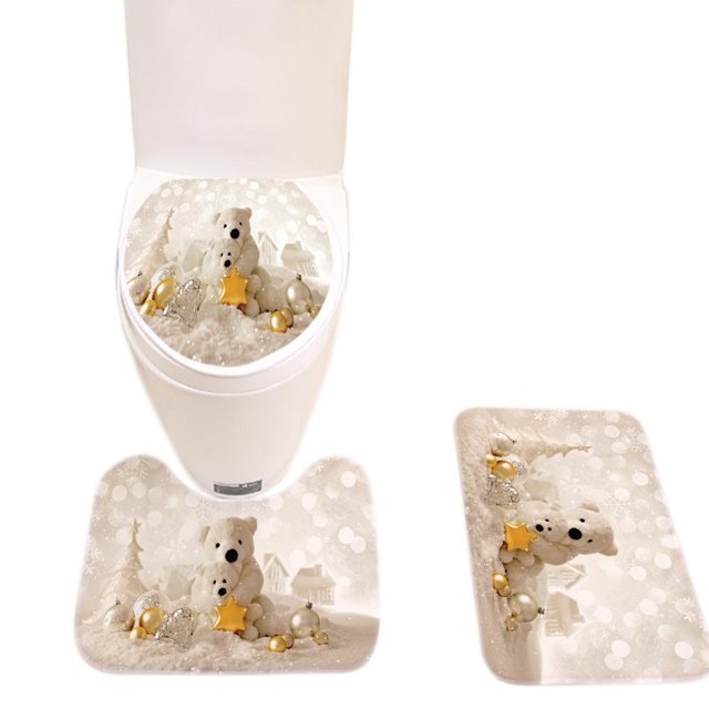 3PCS Bath Rug Set Fashion Xmas Print Decorative Toilet Rug Toilet Lid Cover for Christmas