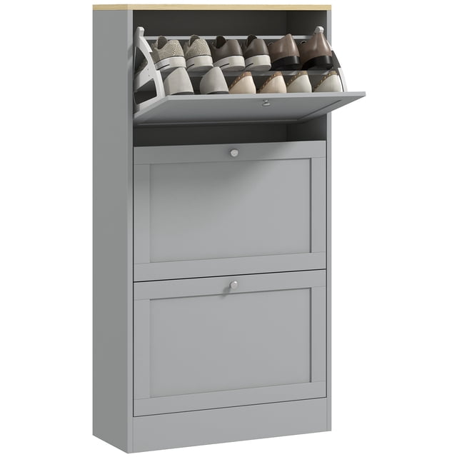 HOMCOM Armoire à Chaussures Moderne avec 3 Tiroirs Basculants Gris, Conçue pour Ranger jusqu'à 18 Paires de Chaussures. Comprend des Tablettes Ajustables pour Diverses Tailles de Chaussures, un design compact Convenant aux Petits Espaces, et un Plateau pour un Rangement Ou une Présentation Supplémentaires. Idéale pour les Meubles d'Entrée, Fabriquée en Panneau de Particules à Surface Mélaminée avec Quincaillerie Anti-Basculement pour la Sécurité.
