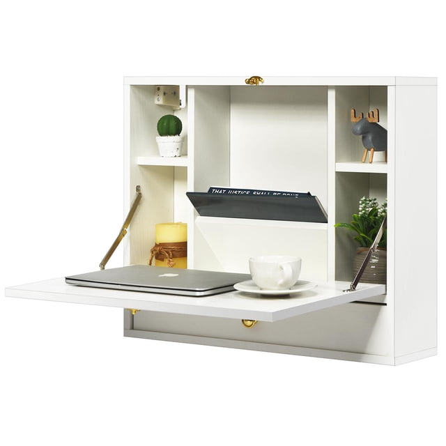 Giantex Wall Mounted Desk, Multi-Function Floating Desk w/Storage Drawer & Shelves, Wall Mounted Computer Desk for Home & Office, White