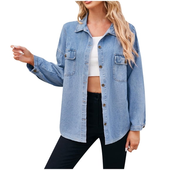 Hvobtty Women's Long Sleeve Casual Denim Jacket, Women's Fashion Color Lapel Look Slimmer Sleeve Denim Coat