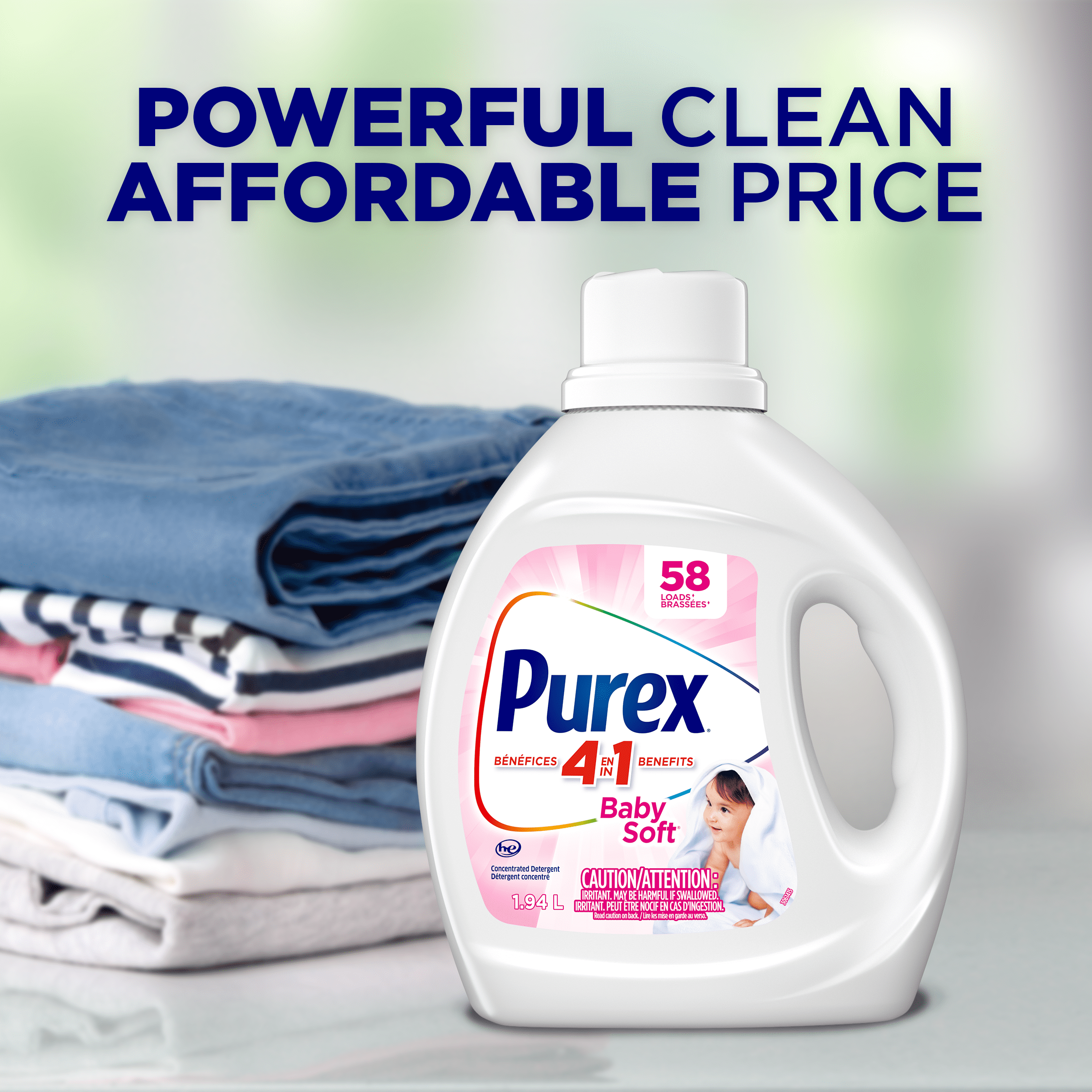 Purex Baby Soft détergent à lessive liquide hypoallergénique concentré, sans colorant, testé par des dermatologues pédiatriques, 1,17 L, 35 brassées, compatible avec les laveuses HE