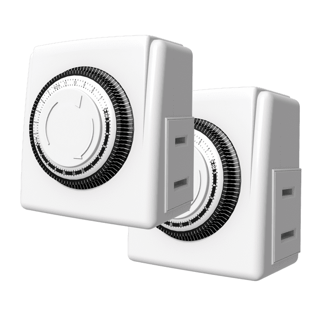Hyper Tough Lot de 2 Minuteries d'Intérieur avec Deux Interrupteurs Carrés Blancs, Dotés d'Un Grand Cadran Circulaire avec 48 Réglages de Broches et d'Une Prise Électrique Polarisée sur le Côté, Conçus pour une Utilisation Intérieure avec Plusieurs Réglages Marche/arrêt Répétés Toutes les 24 Heures à des Intervalles de 30 Minutes, Convenant à l'Automatisation d'Appareils Électriques Domestiques.
