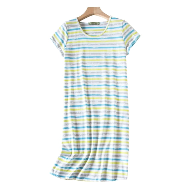 Pyjama en Coton pour Femmes, Nuisette Grande Taille Vêtements Tricotés Doux à Manches Courtes Col Rond, Bleu Ciel P-TG,