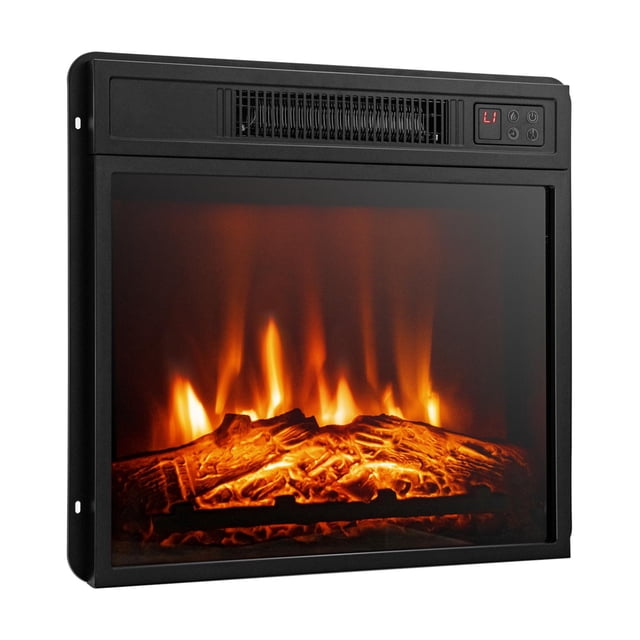 18-inch freestanding electric fireplace heater with a black iron frame and tempered glass front panel. Features realistic LED flames with burning log effects, adjustable brightness levels, and a control panel with buttons for temperature and settings. Includes a remote control for convenient operation. Designed for use as a portable fireplace or energy-efficient heater, suitable for warming rooms up to 400 square feet. Certified for safety with CSA and UL approvals.