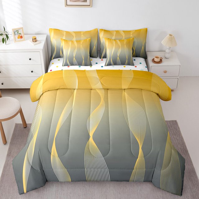 Gradient Gradient Yellow To Grey Bed in a Bag King Size Comforter Set 7 Pieces,Silver Foil Print Wave Striped Bedding Sets Abstract Ombre Art Sheet Set with Comforter