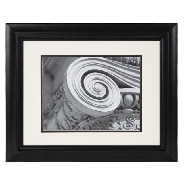 hometrends Sawyer Black Portrait Picture Frame with a black finish and double mat with inner black border, displaying a black and white photo of a classical architectural scroll detail, fits 14 by 18 inch photos without mat or 10 by 13 inch photos with mat, ready to hang vertically or horizontally, suitable for showcasing artwork or architectural photography.