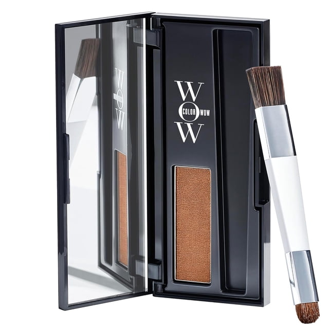 COLOR WOW Root Cover Up Red, .07 oz, a root touch-up powder in a sleek black compact with a mirror, featuring a rectangular pan of red powder and a soft-bristled application brush. This water-resistant formula adheres to hair roots without stickiness or dullness, lasting through shampoo and swimming. Ideal for women seeking quick and effective hair color correction.
