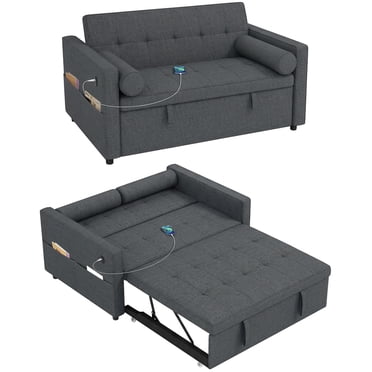 HOMCOM Sofa Bed, Pull Out Sleeper Couch with USB Ports, Linen Upholstery