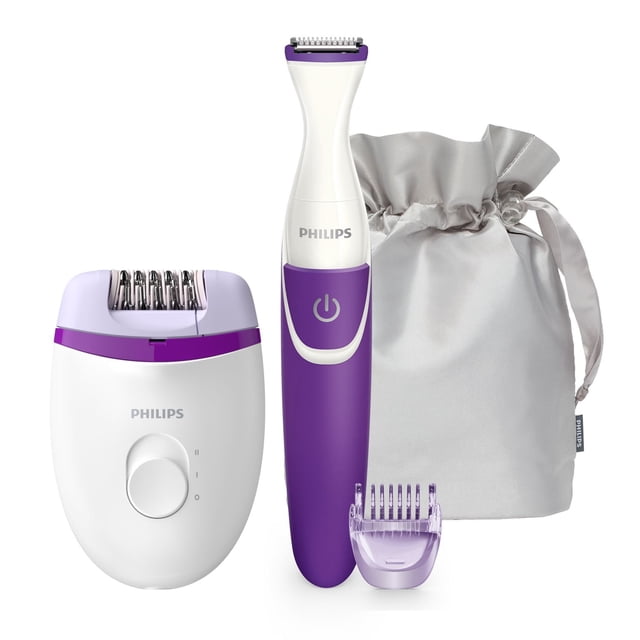 Philips Satinelle Essential Corded Compact Epilator with bikini trimmer and travel pouch, featuring a white and purple epilator with two speed settings and washable head, a purple and white battery-powered bikini trimmer with detachable comb for 3 mm trimming, and a silver drawstring pouch, suitable for wet and dry use.