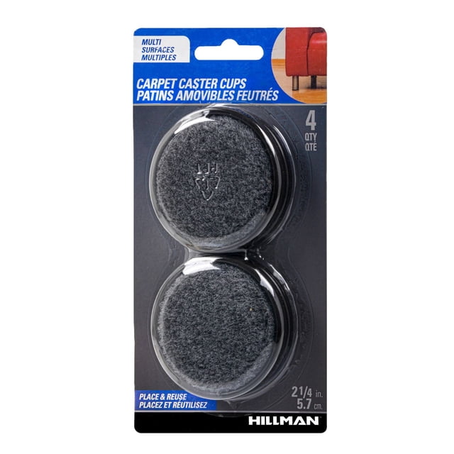 CASTER CUPS 2-1/4" 4PC by Hardware Essentials, two round grey felt caster cups in clear plastic packaging on black and blue cardboard backing, designed to protect carpet and multiple surfaces from furniture caster damage, reusable for extended furniture care.