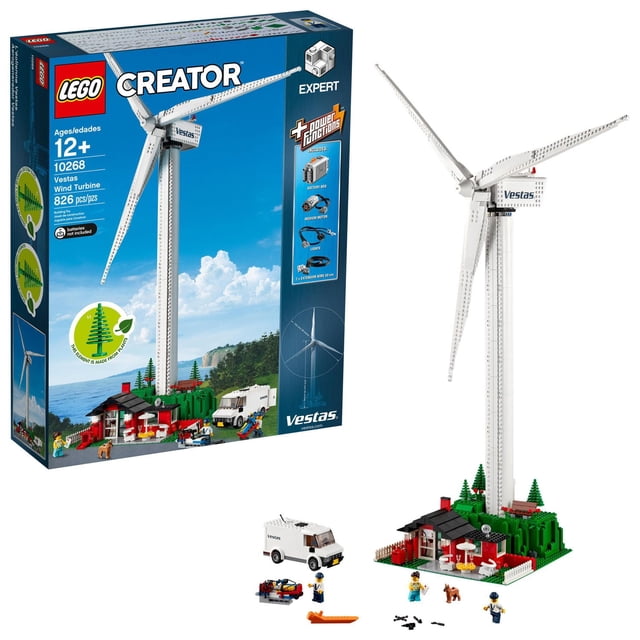 LEGO Creator Vestas Wind Turbine d'Expert 10268 Mettant en Vedette une Turbine Éolienne Blanche de 39 Pouces de Hauteur avec des Lames Ajustables et une nacelle de Marque Vestas sur une base Verte avec une Maison Rouge, une Clôture de Piquet Blanche, des Épinettes et un Jardin. Comprend un Véhicule de service Blanc, Trois Minifigurines, une Figurine de Chien et des Accessoires. Propulsée par un Moteur LEGO et un Boîtier à Batterie pour Faire Pivoter les Lames et Éclairer le Porche. Convient à l'Exposition et