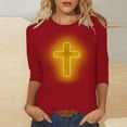 thumbnail image 2 of RKSTN Hauts pour Femmes Mode Décontractée Imprimé Crucifix Col Rond Manches 3/4 T-Shirt Couleur Unie Ajusté Blouse Printemps Été, 2 of 4