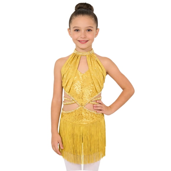 dPois Robe de Danse Latine Rumba Samba à Franges pour Filles, Taille Découpée, Paillettes, Tenue de Danse de Salon, Justaucorps à Jupe de Ballet, Jaune, 8