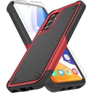 REQO pour Galaxy A14 5G Dossier téléphonique,Samsung Galaxy A14 5G Boîtier avec protecteur d'écran, Housse de téléphone de protection antichoc robuste pour Samsung A14 5G, Rouge Noir