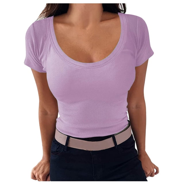 Timegard Hauts de Sortie pour Femmes Col Rond Confortables Coupe Ajustée Manches Courtes Couleur Unie Hauts Décontractés