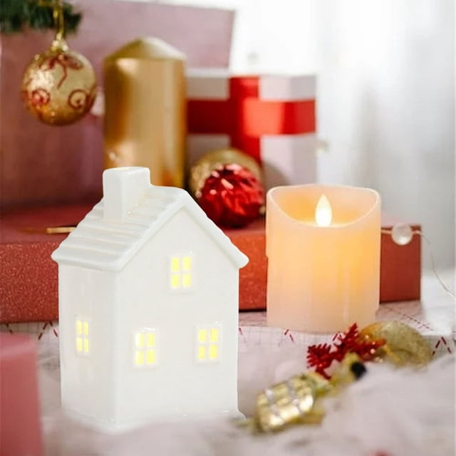 chock Ceramic Christmas Village Christmas Village Accessories White Winter Village LED Light Porcelain Tabletop Christmas Figurine with Artificial Christmas Tree