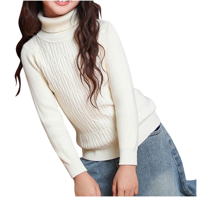 MeetoTime Kids High Neck Knitted Sweater Solid Color Fall Winter Long Sleeved Base Shirt for Girls