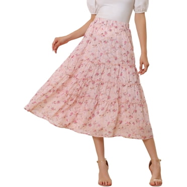 Unique Bargains Women's Floral Print Ruffle Maxi Tiered Skirt, Pink, S