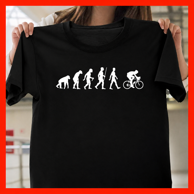 Cycling Evolution Tee with Classic Retro Rider Progress Velodrome Bicycle Unisex T-Shirt, up to size 3XL.