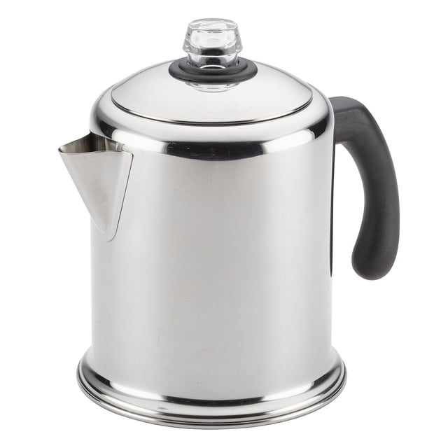 Farberware 47053 Classic Stainless Steel Yosemite 12-Cup Coffee Percolator, a silver coffee percolator with a polished mirror finish, black ergonomic handle, and clear glass knob on the lid. Ideal for stovetop brewing of 4 to 12 cups of coffee, featuring a permanent filter basket and dishwasher-safe design.
