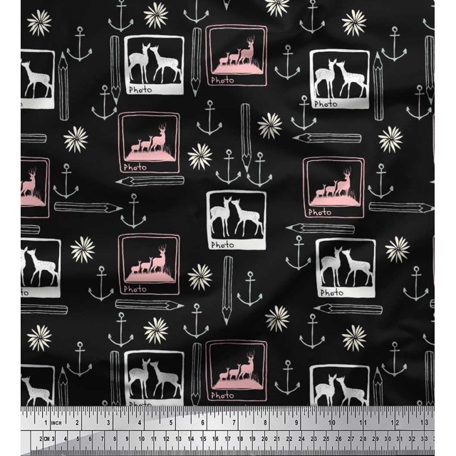Soimoi Moss Georgette Fabric Pencil,Anchor Hook & Deer Animal Printed Fabric 1 Yard 42 Inch Wide