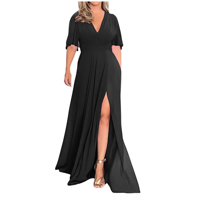 Robes pour Femmes 2024 Été Oversize Manches Mi-Longues Fendue Col en V Tempérament Longues Robes en Chiffon Rabais de 50 % Liquidation!