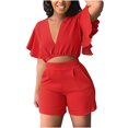 thumbnail image 2 of Mikilon Womens Oversized Stylish Outfits 2 Piece Set Ruffle Short Sleeve V-Neck Top Casual Shorts Summer Plus Size Suit Ruffle Short Sleeve V-Neck Top Casual Shorts Summer Plus Size Suits Red S, 2 of 8