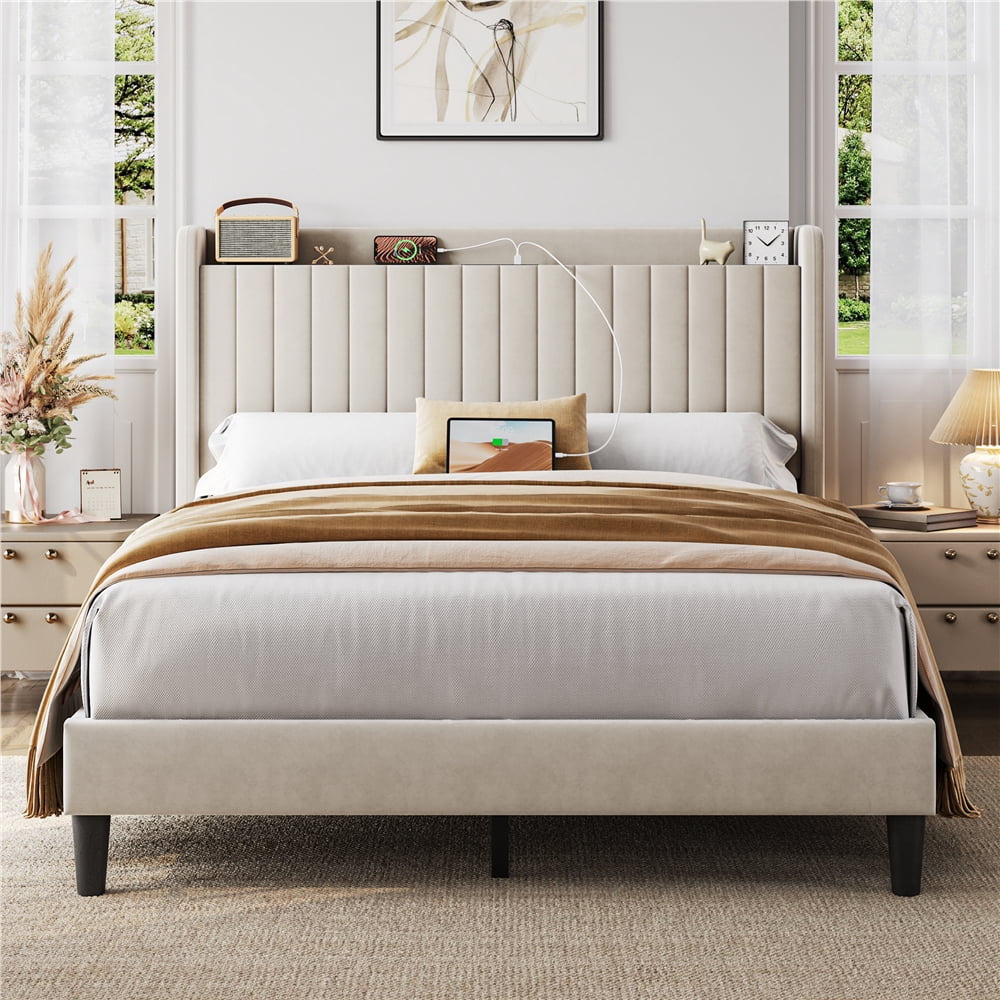 Yaheetech Velvet Upholstered Bed Frame with Charging Outlets & USB Ports, Queen, Beige