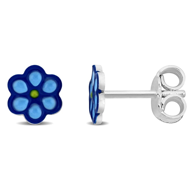 Miabella Blue Enamel Flower Stud Earrings in Sterling Silver