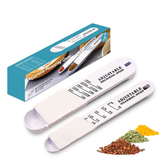 Zootealy 2PCS Teaspoon Adjustable Capacity Scale Mark Sugar Salt Chilli Powder Measuring Spoon Kitchen Tool. Two white adjustable measuring spoons with scale marks for precise measurements, displayed with a branded box and spices. A durable kitchen gadget made from PP material, ideal for cooking and baking.