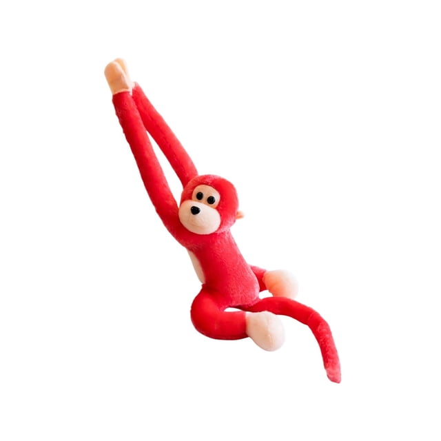 Red 28 inch plush monkey toy with long arms, crafted as a stuffed animal and soft doll. Features vibrant red fabric with beige accents on the face, hands, and feet. Ideal for kids' room decor or hanging display, emphasizing its plush toy design.