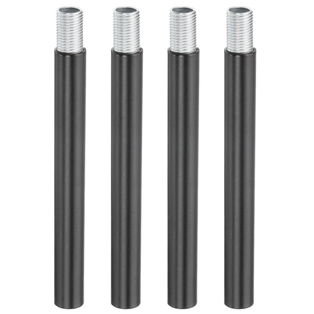 Uxcell Threaded Extension Rod, 4 Sets 4" M10 x 1mm Fine Thread Lamp Pipe with Lamp Pipe Nipples for Pendant Light Island Lighting Chandeliers Stems, Black front-facing shot of four black metal 100 x 11 mm (3.9 x 0.4 in) threaded extension rods and four 25 mm (1 in) lamp pipe nipples arranged parallel; visible M10 x 1mm fine threads on both ends, smooth baked-black finish and hollow cylindrical stems for extending or repairing pendant lights and chandeliers; often used as a compact conduit for routing thin lamp wires during installation.