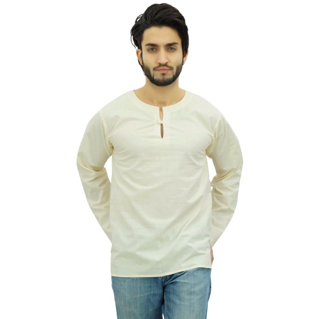 Atasi Kurta Court Blanc Cassé pour Homme, Col Rond Goutte d'Eau, Chemise en Coton - Moyen