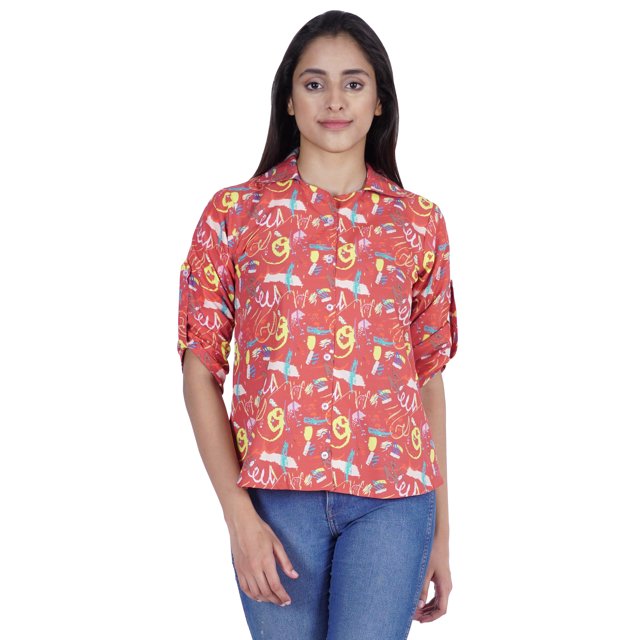 Moomaya Womens Printed Top Roll-Up Sleeve Collar Neck Button-Down Shirt