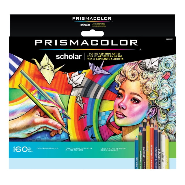 Prismacolor Scholar Coloured Pencils, Art Supplies Perfect for Sketching, Drawing, Colouring, Assorted, 60 Count flat-lay of 60 assorted Prismacolor pencils in a tin, sharpened tips showing colored cores and wood barrels, with smooth blendable cores for shading and layering, often used for mixed-media studies and student sketch practice.