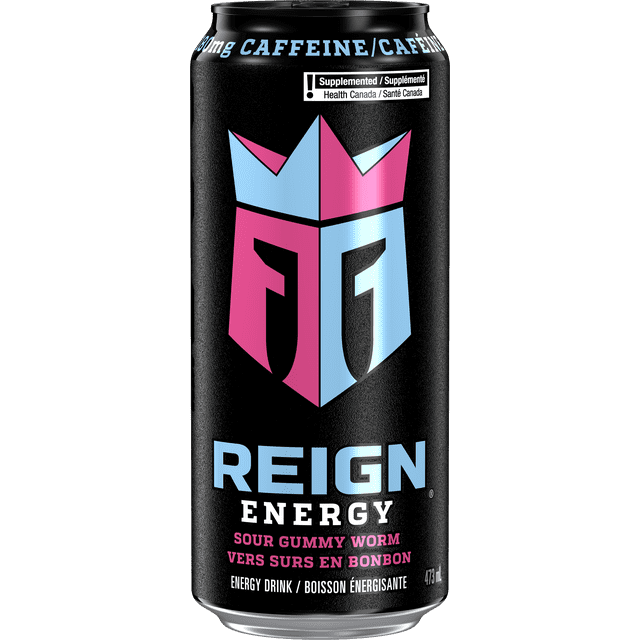 Reign Sour Gummy Worm energy drink can in black with a large stylized crown logo split in pink and light blue, featuring 180 mg caffeine text on the top rim, bilingual Health Canada supplement warning, and 473 ml volume marking. This energy drink offers a sweet and sour gummy worm flavor with natural caffeine and zero sugar, often used as a refreshing boost during workouts or long days.