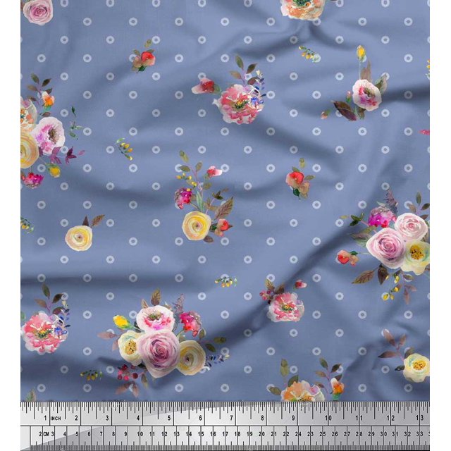 Soimoi Blue Poly Georgette Fabric Leaves,Small Circle & Floral Decor Fabric Printed BTY 42 Inch Wide