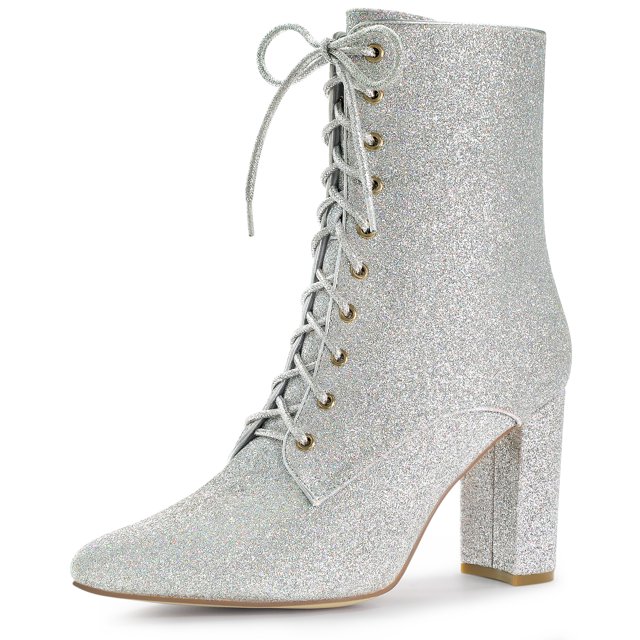 Unique Bargains Bottines à Paillettes à Talon Bloc à Bout Pointu pour Femmes