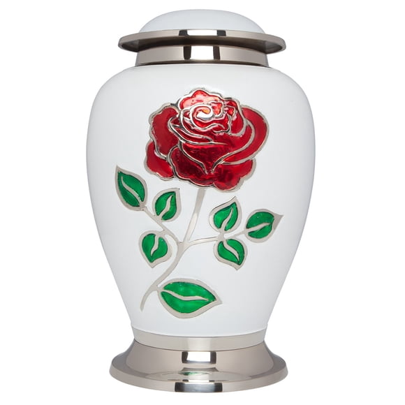Ansons Urns Urne de Crémation Blanche avec Rose Émaillée Colorée - Urne Funéraire avec Grande Fleur à Longue Tige sur le devant - Urne d'Enfouissement pour Cendres Humaines Grande Taille Adulte - 100 % Laiton - 200 Lb