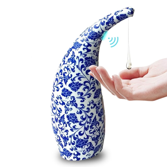 300mL Automatic Soap Dispenser with infrared hand-free touchless operation, featuring a blue and white floral design. The dispenser has a built-in infrared smart sensor with a 0.5-second response time for dispensing soap, dish liquid, lotion, gel, or shampoo. It offers adjustable soap quantity with 1mL per pump and anti-leakage rubber material at the base to prevent sliding. IPX6 waterproof technology protects the circuit board from water or soap damage, making it suitable for bathroom or kitchen use.