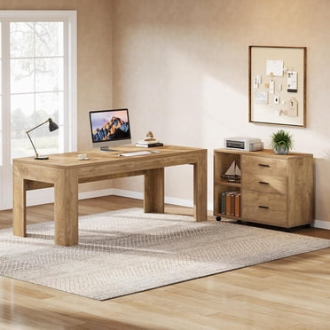 Tribesigns Ensemble de Bureau en L de 63 Pouces, avec Classeur Mobile, 3 Tiroirs et Étagères, Mobilier d'Affaires pour Bureau à Domicile, Brun