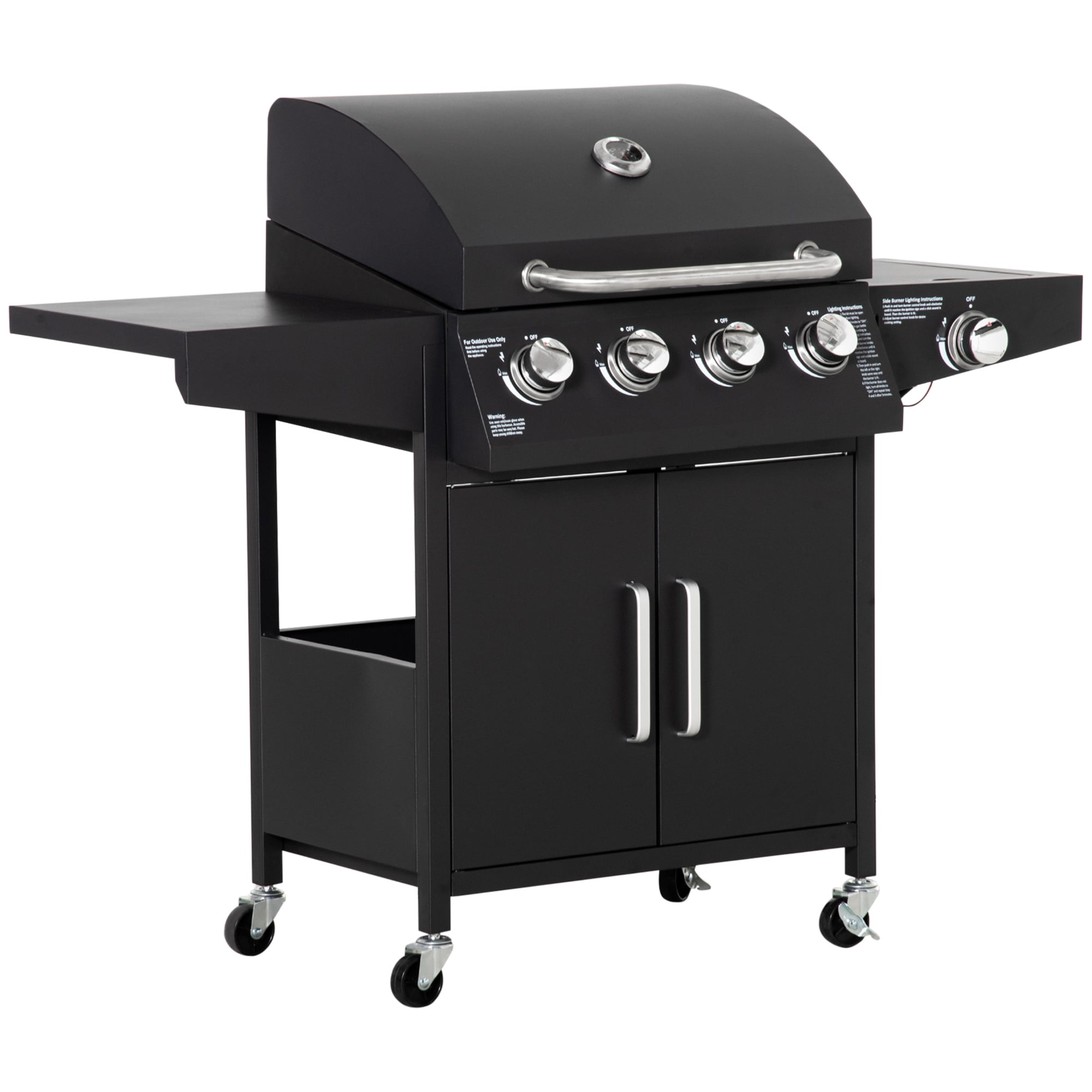 Outsunny 4+1 Burner Liquid Propane Gas Grill Outdoor Cabinet Style BBQ Trolley w/ Side Burner, Warming Rack, Side Shelf, Storage Cabinet, Thermometer, 4 Wheels, Carbon Steel, Black