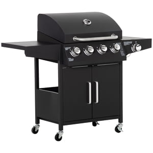 Outsunny 4+1 Brûleur liquide Propane Grill à gaz Style de cabinet extérieur BBQ Chariot avec brûleur latéral, rack chauffant, étagère latérale, armoire de rangement, thermomètre, 4 Roues, Acier au carbone, Noir