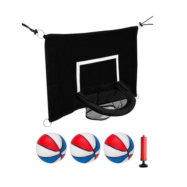 Koolsoo Basketball Panier pour l'Entraînement au Basketball sur Trampoline, avec un Panneau Arrière en PVC Noir avec un Contour Blanc, un Panier durable avec un Filet, et Trois mini Ballons de Basketball en Rouge, Blanc et Bleu. Comprend une Pompe Rouge et des Cordes de Connexion Ajustables pour une installation Facile. Conçu pour les trampolines avec Enceintes, Cet Ensemble Favorise les sports de Plein Air et la coordination Oeil-Main pour les Enfants.