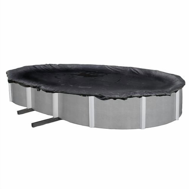 Blue Wave Oval Rugged Mesh Above-Ground Pool Winter Cover stretched over an oval above-ground pool frame, made of black mesh polyethylene that allows water drainage while blocking debris, with reinforced double-stitched hems, metal grommets every 2 feet, and secured by included vinyl-coated cable and metal winch.