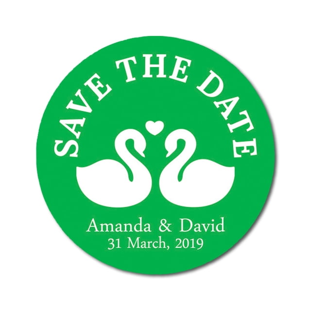 Darling Souvenir Round 45 Pcs Loving Swans Save The Date Stickers Personalized Bride Groom Names And Date Envelope Seals - Green