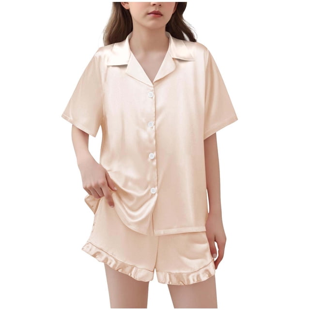 BLVB Girls Pajamas Satin Pajama Set Silk Pjs Short Sleeve Button down Shirts Summer Ruffle Sleepwear for Big Kids 5-15Y
