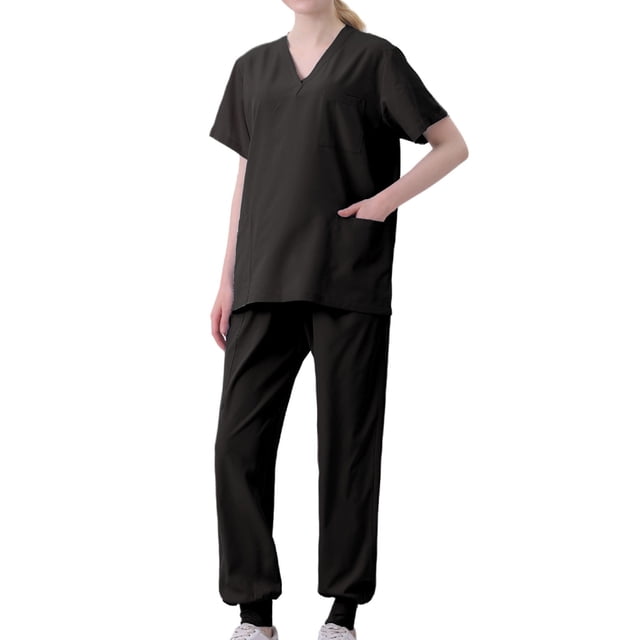 Pisexur Women's Solid Color Stretch Scrub Set, V Neck, Short Sleeve, Small