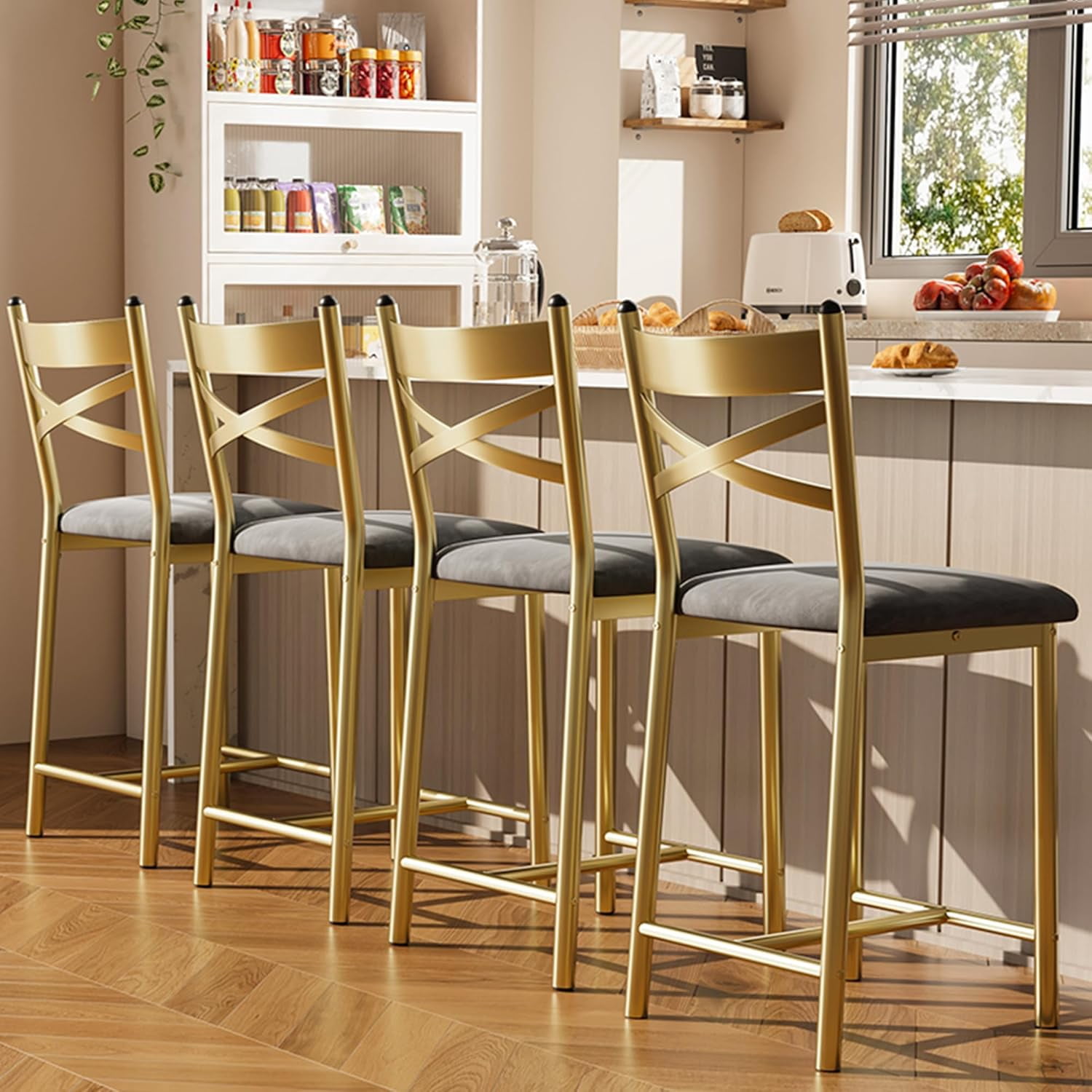 22" Bar Stools Set of 4, Counter Height Bar Stools with PU Upholstered Seat, Metal Frame Kitchen Bar Chairs with X-Design Back and Footrest for Kitchen Island, Counter Bar, Dining Room, Gold