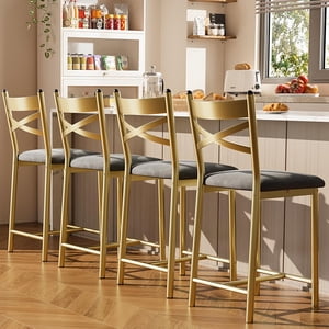 22" Bar Stools Set of 4, Counter Height Bar Stools with PU Upholstered Seat, Metal Frame Kitchen Bar Chairs with X-Design Back and Footrest for Kitchen Island, Counter Bar, Dining Room, Gold